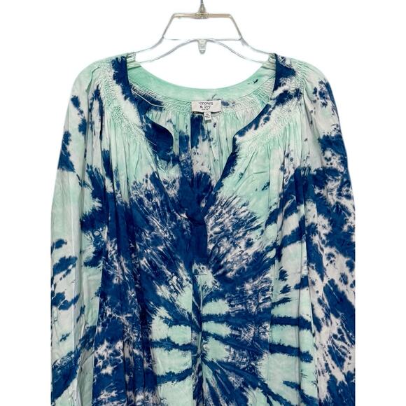 Crown & Ivy 3X Tie-Dye Peasant Tunic Top Blue White Boho Long Sleeve - Picture 3 of 6
